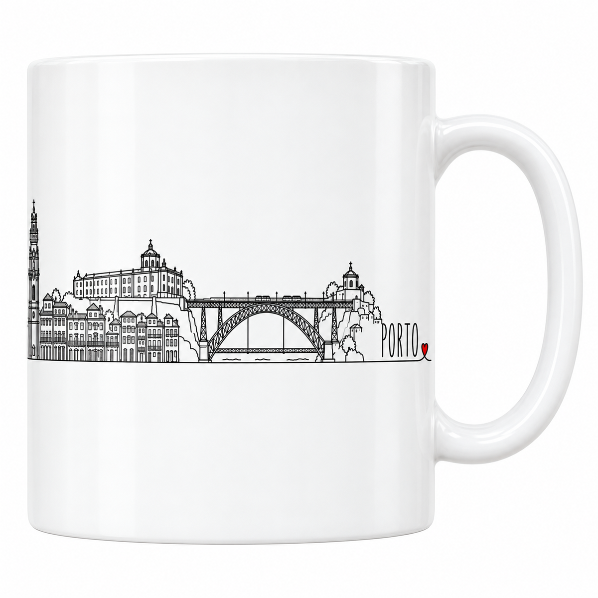 Mug blanc en céramique 330 ml illustré du skyline de Porto au trait noir : tour des Clercs, façades de la Ribeira et pont Dom-Luís-Ier
