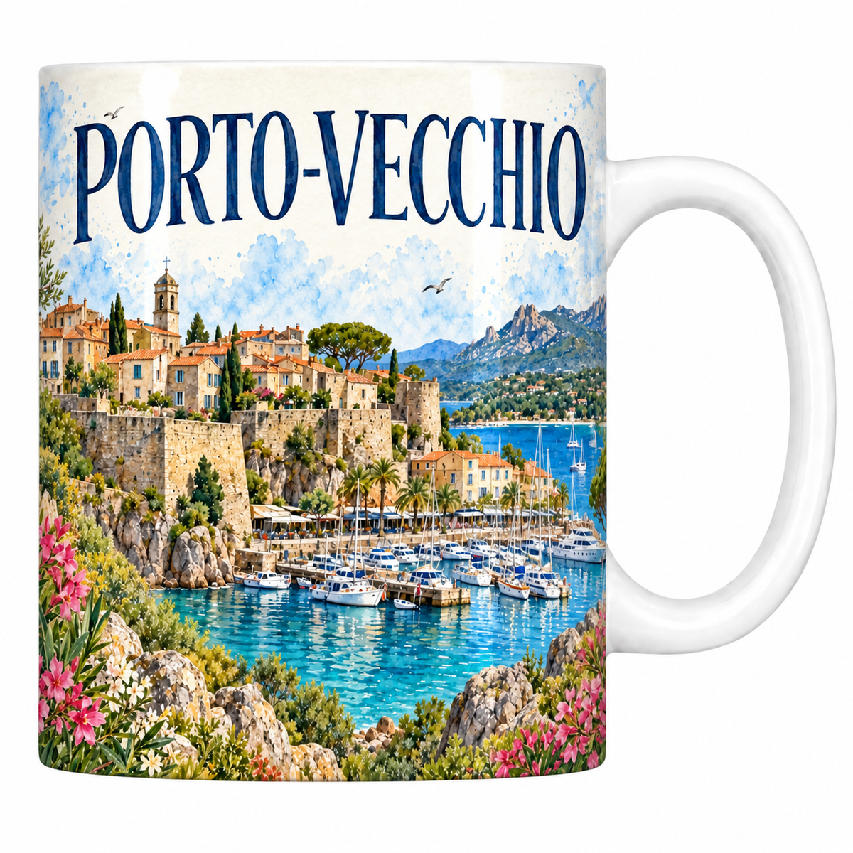 Mug céramique 330 ml Porto-Vecchio : la citadelle génoise et le golfe en aquarelle