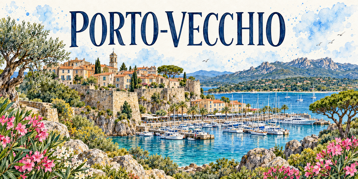 Porto-Vecchio en aquarelle : citadelle génoise sur son rocher, port de plaisance, maquis et montagnes