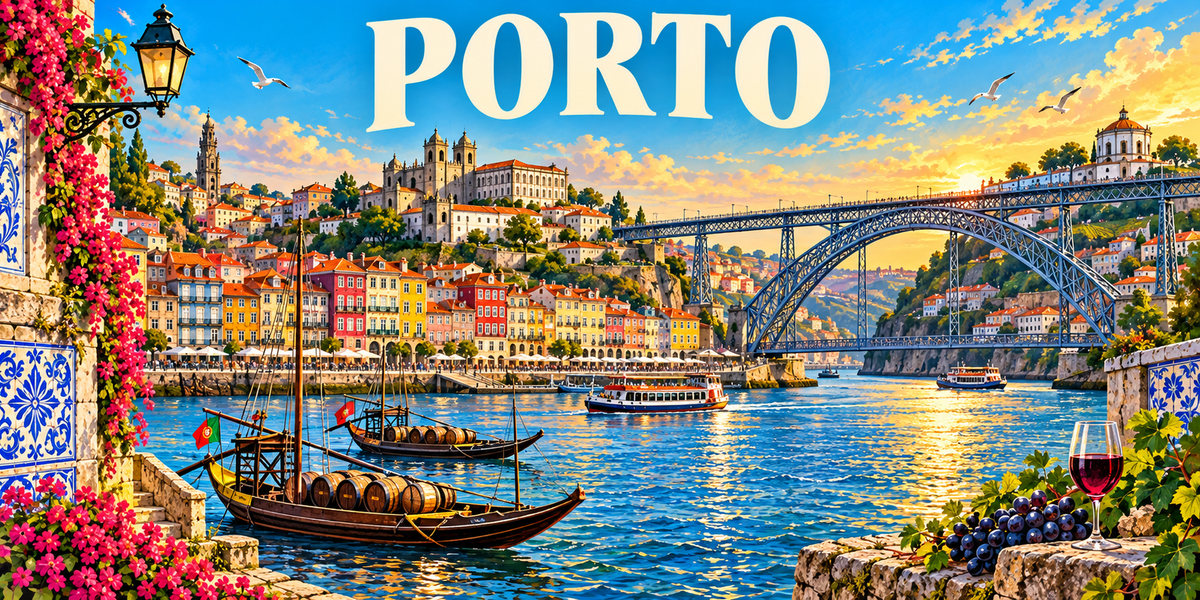 Visuel « PORTO » : façades de la Ribeira, pont Dom-Luís-Ier, rabelos sur le Douro et azulejos