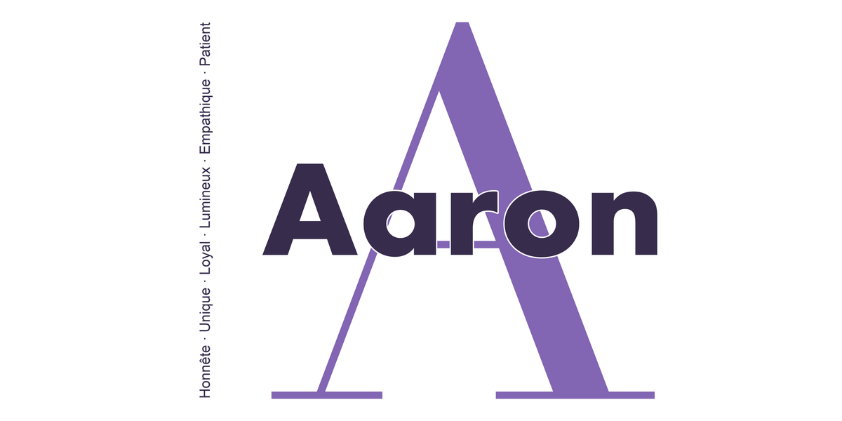 Visuel à plat du mug prénom Aaron : initiale A pleine hauteur, prénom Aaron centré et ligne verticale « Honnête · Unique · Loyal · Lumineux · Empathique · Patient »