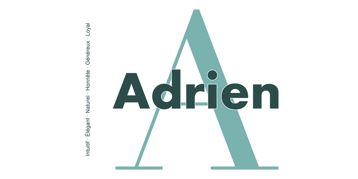 Visuel à plat du mug prénom Adrien : initiale A pleine hauteur, prénom Adrien centré et ligne verticale « Intuitif · Élégant · Naturel · Honnête · Généreux · Loyal »