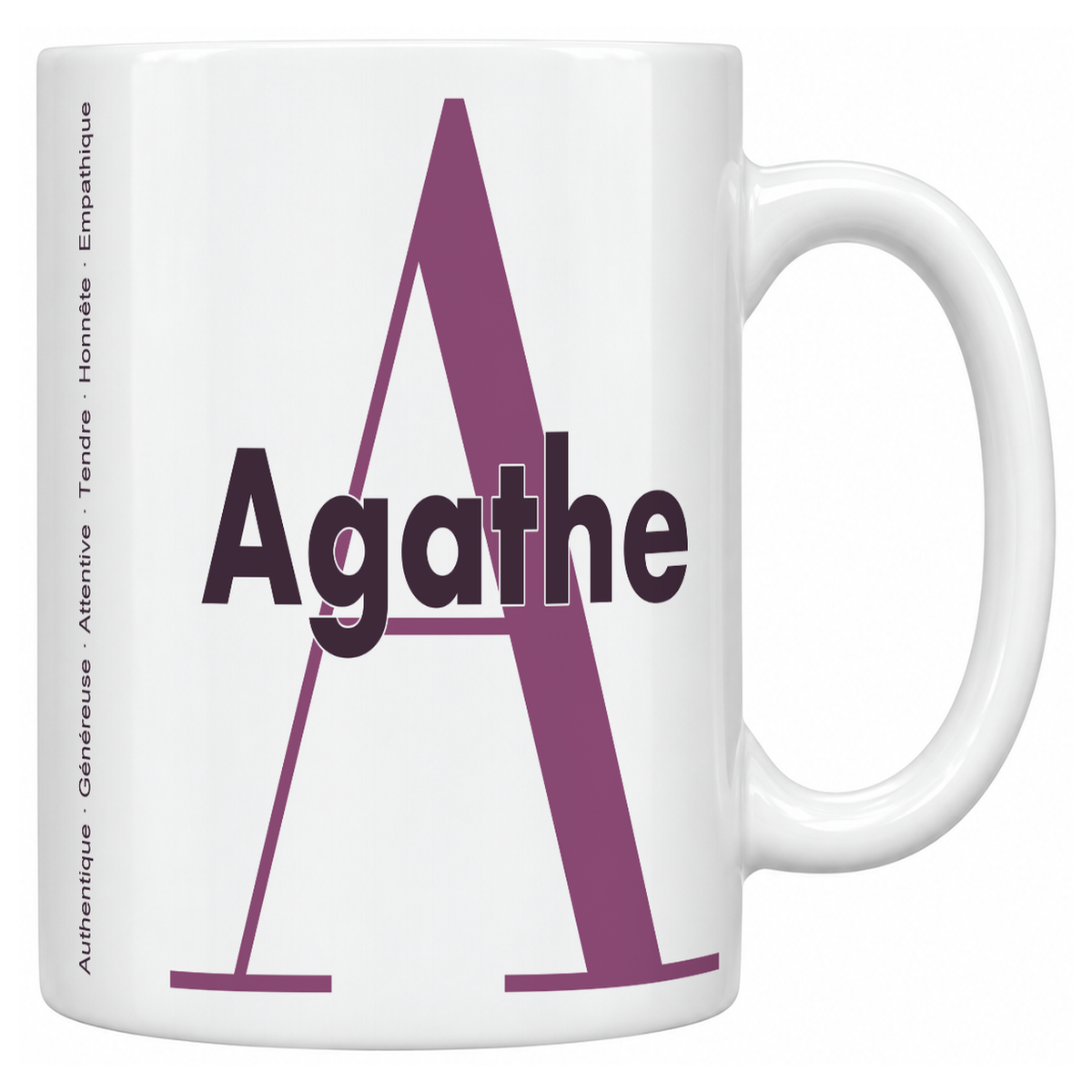 Mug blanc céramique 330 ml prénom Agathe : grande initiale A, prénom Agathe en lettres bold et six qualités verticales sur le côté