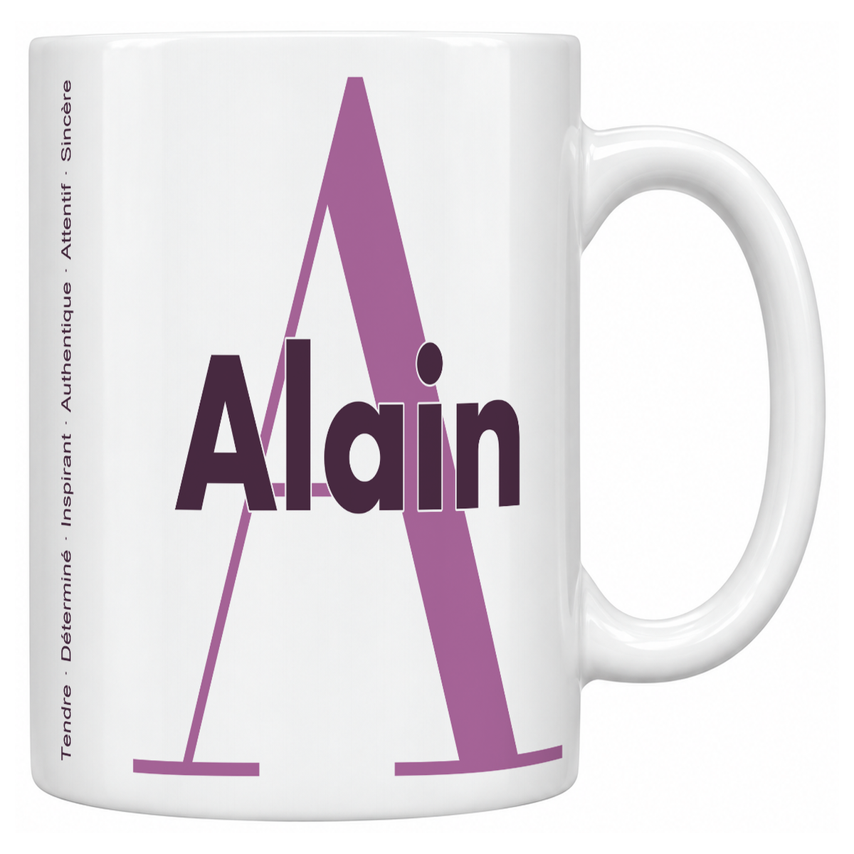 Mug blanc céramique 330 ml prénom Alain : grande initiale A, prénom Alain en lettres bold et six qualités verticales sur le côté