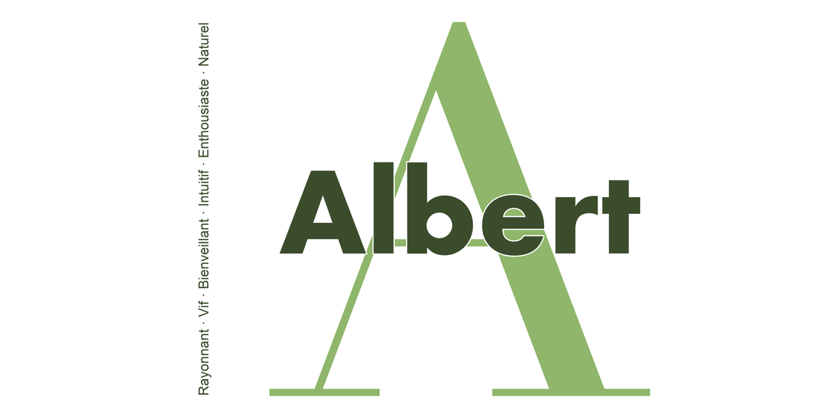 Visuel à plat du mug prénom Albert : initiale A pleine hauteur, prénom Albert centré et ligne verticale « Rayonnant · Vif · Bienveillant · Intuitif · Enthousiaste · Naturel »