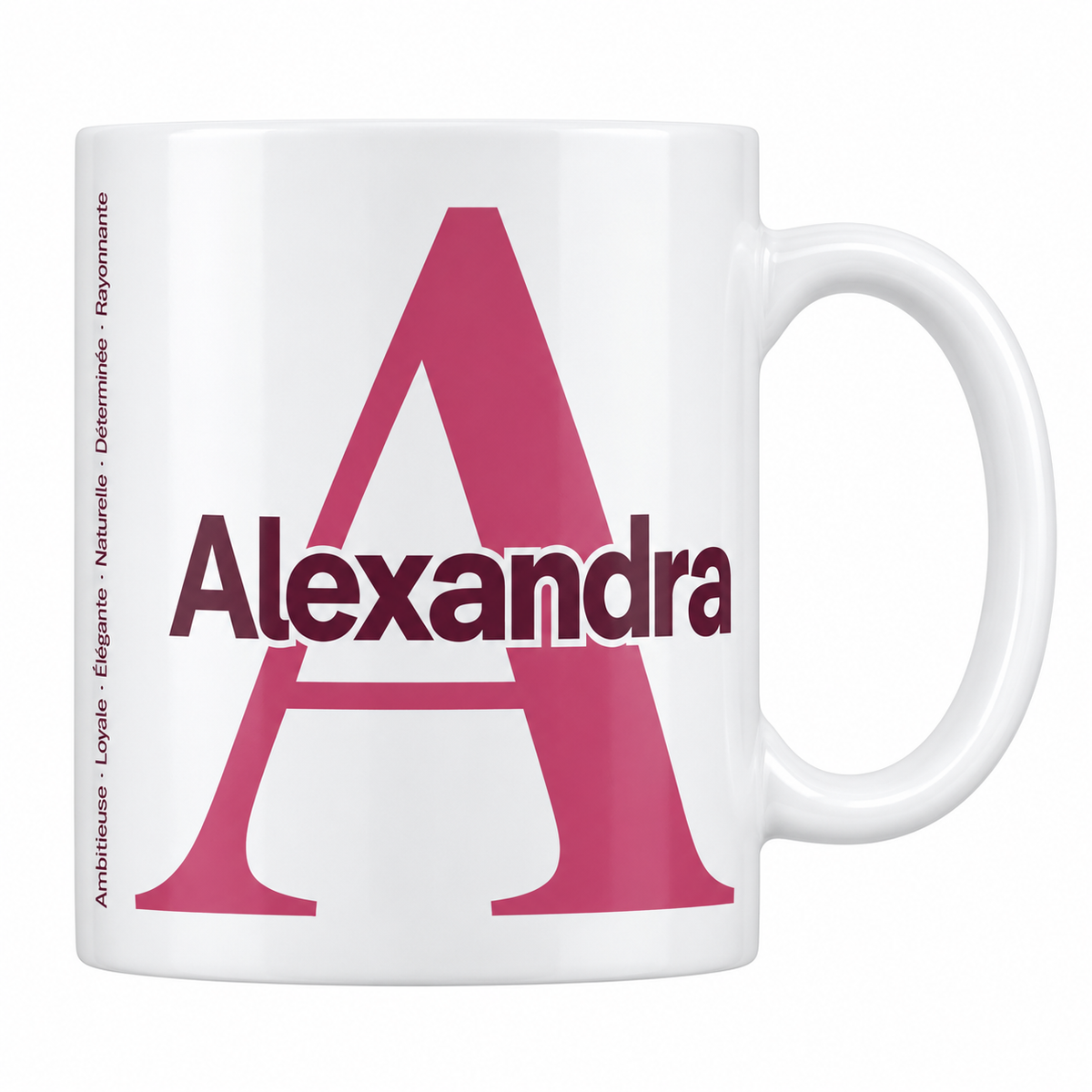 Mug blanc céramique 330 ml prénom Alexandra : grande initiale A, prénom Alexandra en lettres bold et six qualités verticales sur le côté