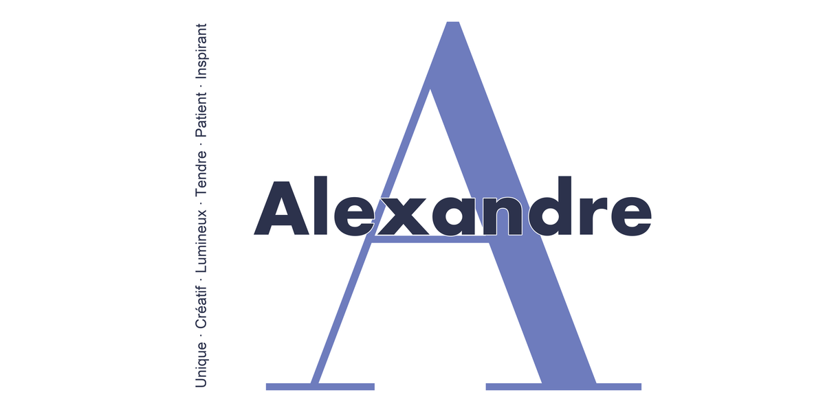 Visuel à plat du mug prénom Alexandre : initiale A pleine hauteur, prénom Alexandre centré et ligne verticale « Unique · Créatif · Lumineux · Tendre · Patient · Inspirant »