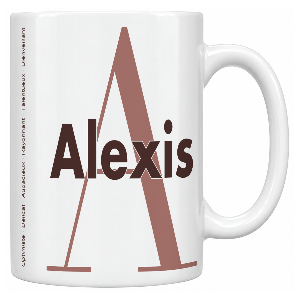Mug blanc céramique 330 ml prénom Alexis : grande initiale A, prénom Alexis en lettres bold et six qualités verticales sur le côté
