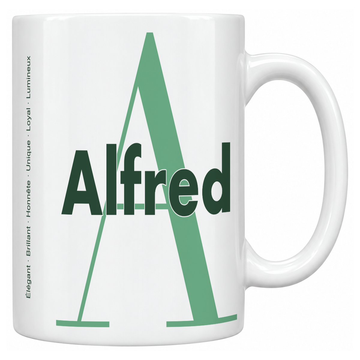 Mug blanc céramique 330 ml prénom Alfred : grande initiale A, prénom Alfred en lettres bold et six qualités verticales sur le côté