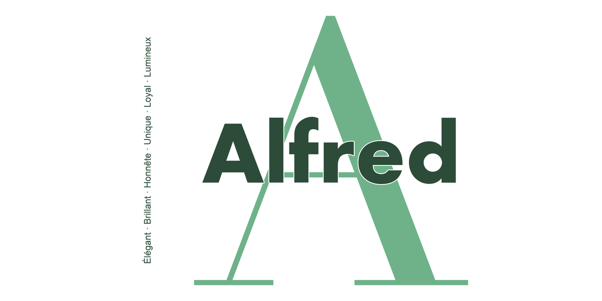Visuel à plat du mug prénom Alfred : initiale A pleine hauteur, prénom Alfred centré et ligne verticale « Élégant · Brillant · Honnête · Unique · Loyal · Lumineux »