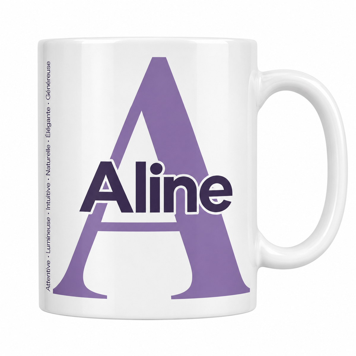 Mug blanc céramique 330 ml prénom Aline : grande initiale A, prénom Aline en lettres bold et six qualités verticales sur le côté