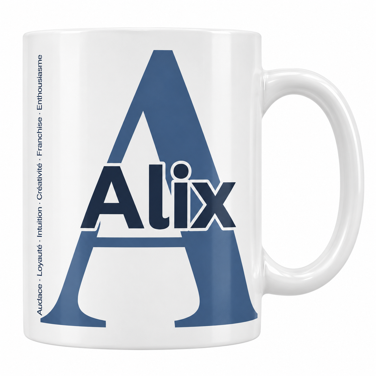 Mug blanc céramique 330 ml prénom Alix : grande initiale A, prénom Alix en lettres bold et six qualités verticales sur le côté