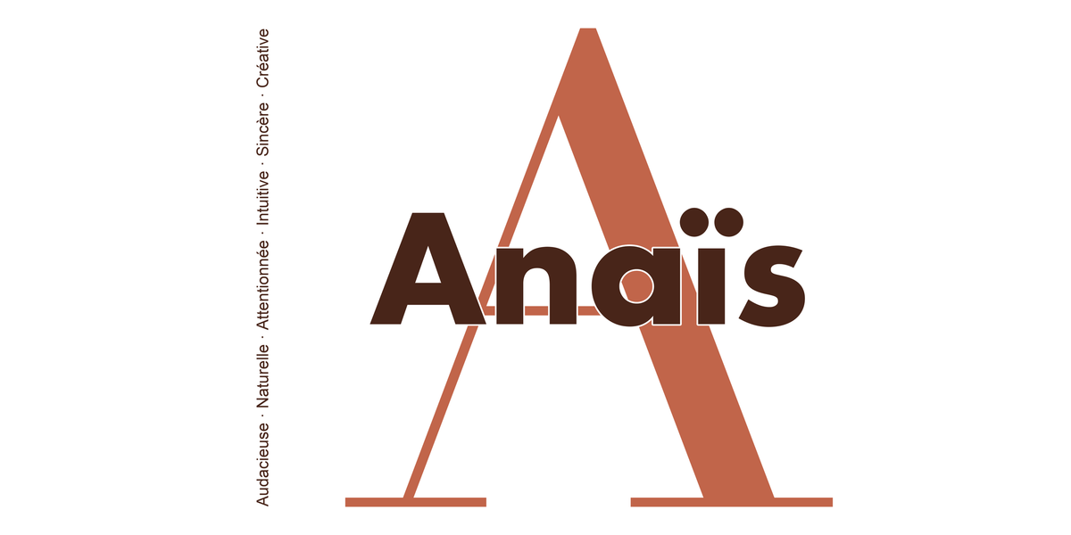 Visuel à plat du mug prénom Anaïs : initiale A pleine hauteur, prénom Anaïs centré et ligne verticale « Audacieuse · Naturelle · Attentionnée · Intuitive · Sincère · Créative »