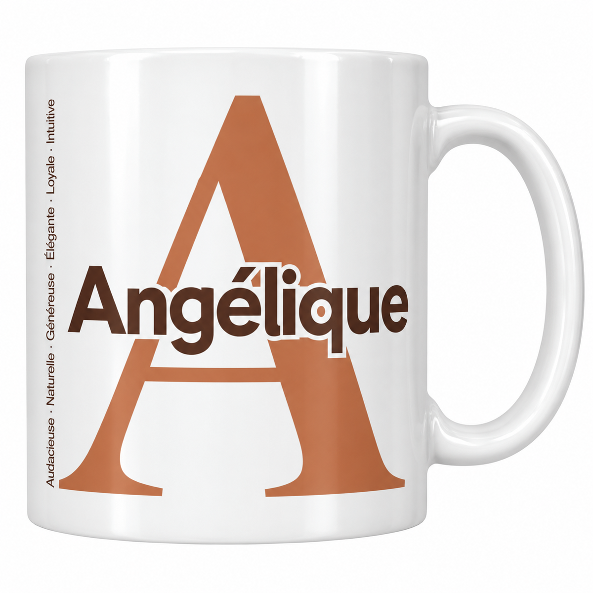 Mug blanc céramique 330 ml prénom Angélique : grande initiale A, prénom Angélique en lettres bold et six qualités verticales sur le côté