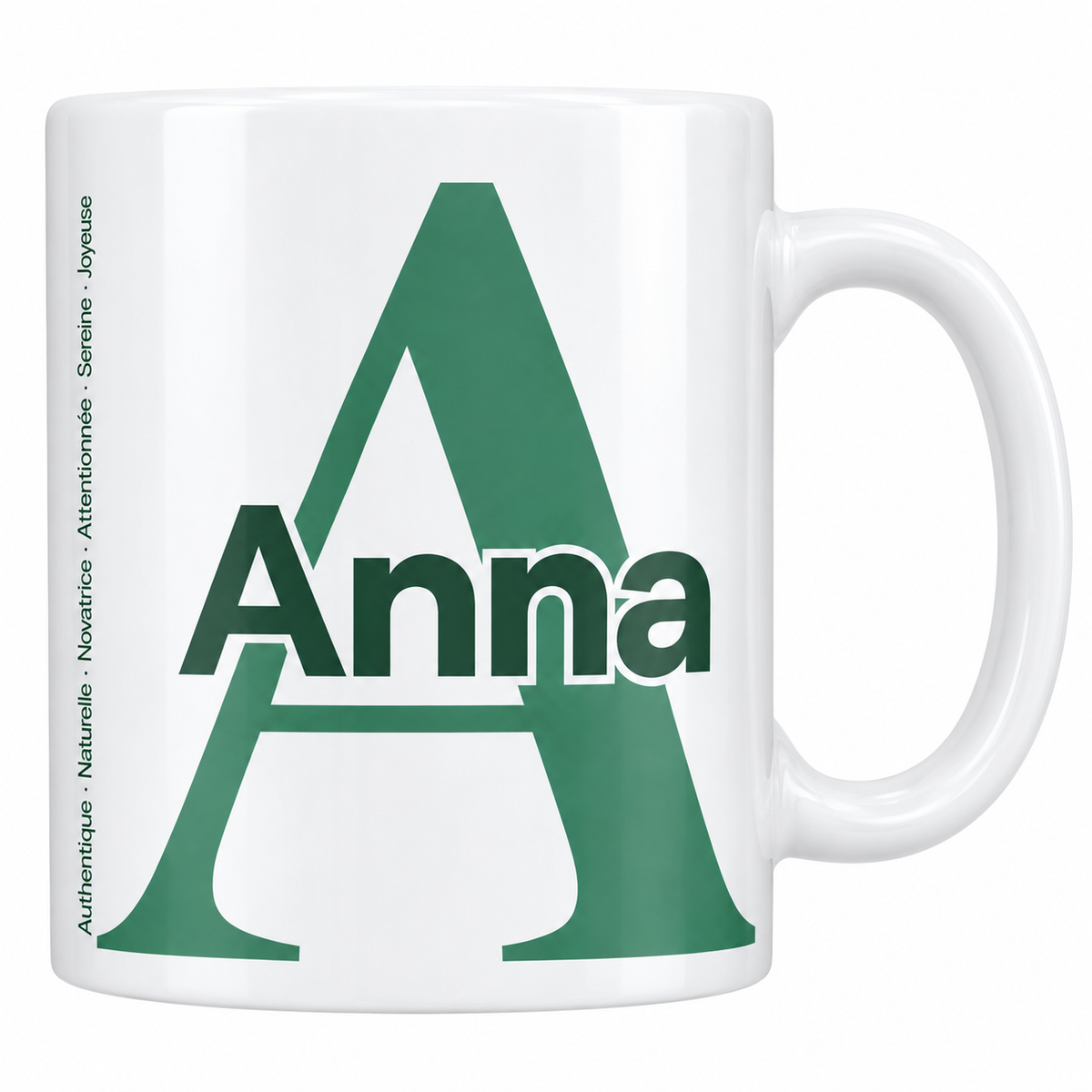 Mug blanc céramique 330 ml prénom Anna : grande initiale A, prénom Anna en lettres bold et six qualités verticales sur le côté