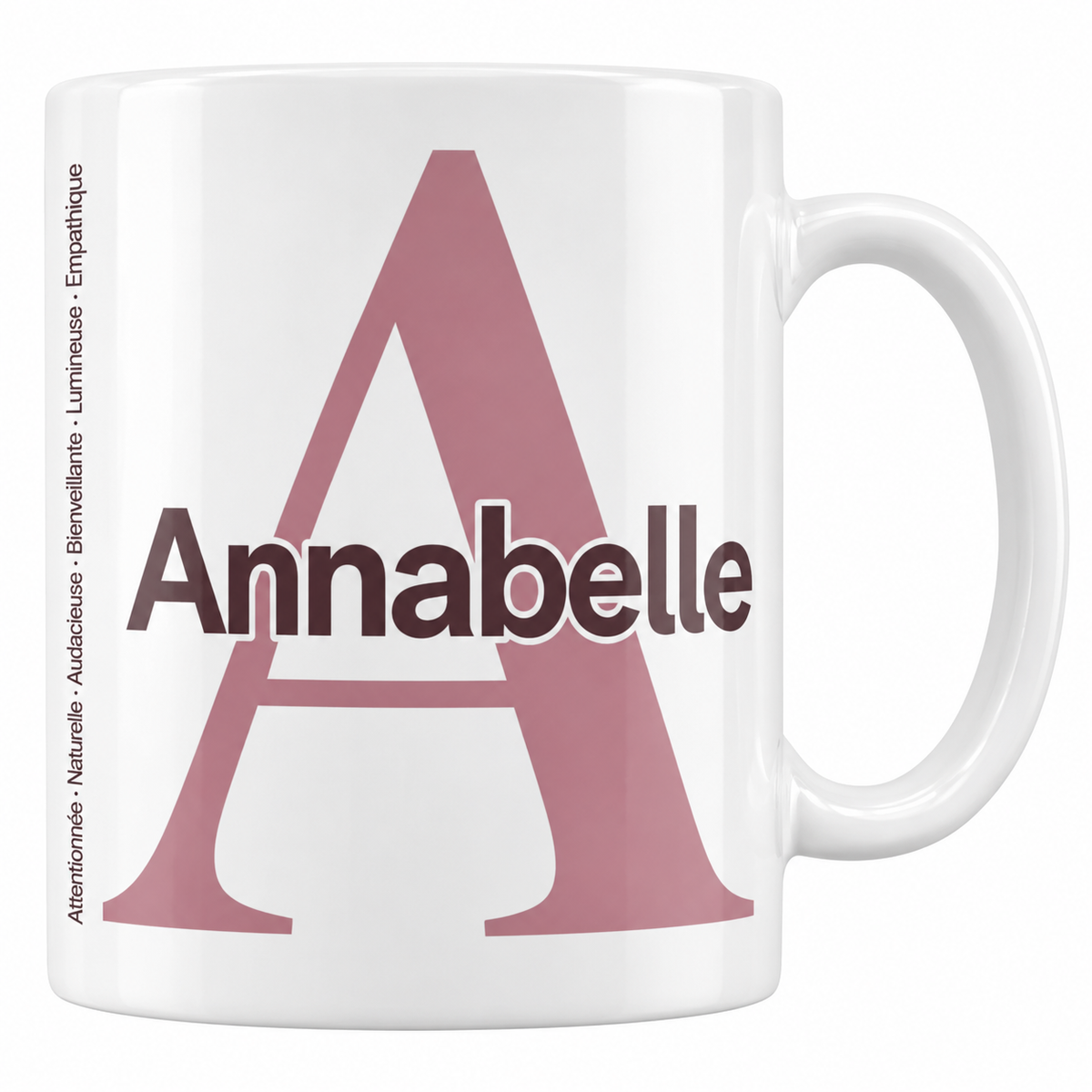 Mug blanc céramique 330 ml prénom Annabelle : grande initiale A, prénom Annabelle en lettres bold et six qualités verticales sur le côté