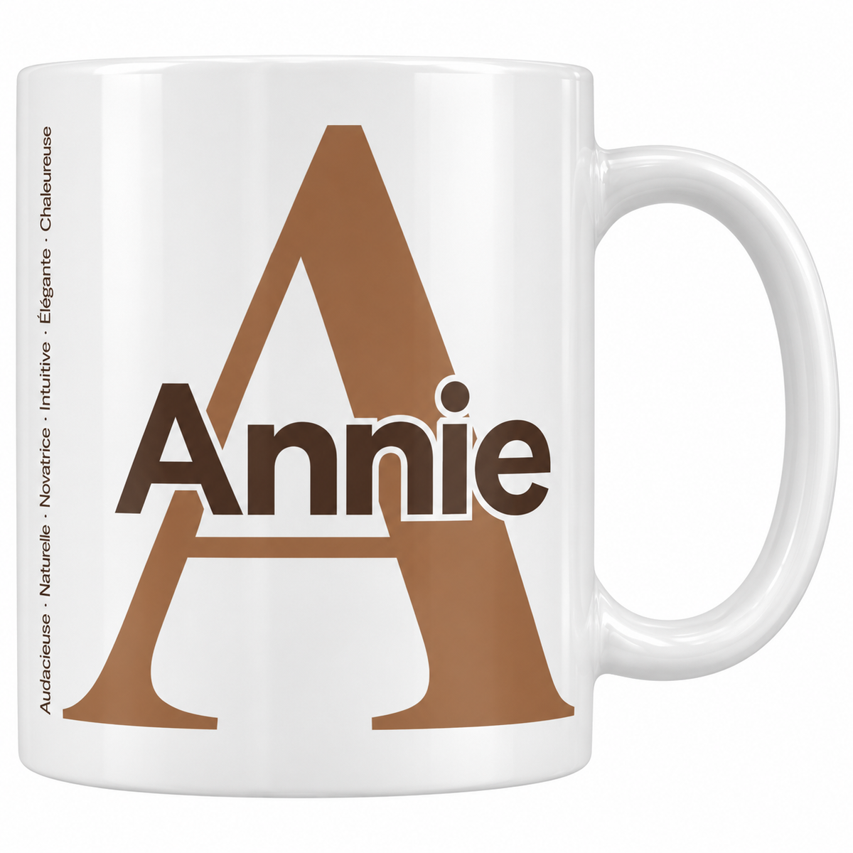 Mug blanc céramique 330 ml prénom Annie : grande initiale A, prénom Annie en lettres bold et six qualités verticales sur le côté
