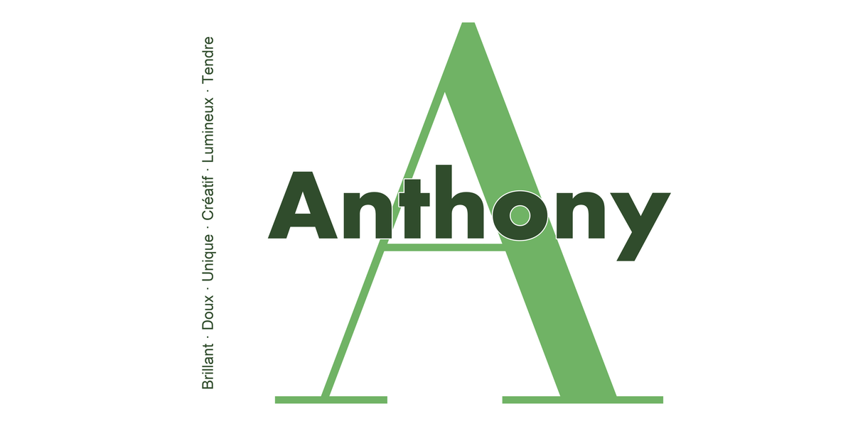 Visuel à plat du mug prénom Anthony : initiale A pleine hauteur, prénom Anthony centré et ligne verticale « Brillant · Doux · Unique · Créatif · Lumineux · Tendre »