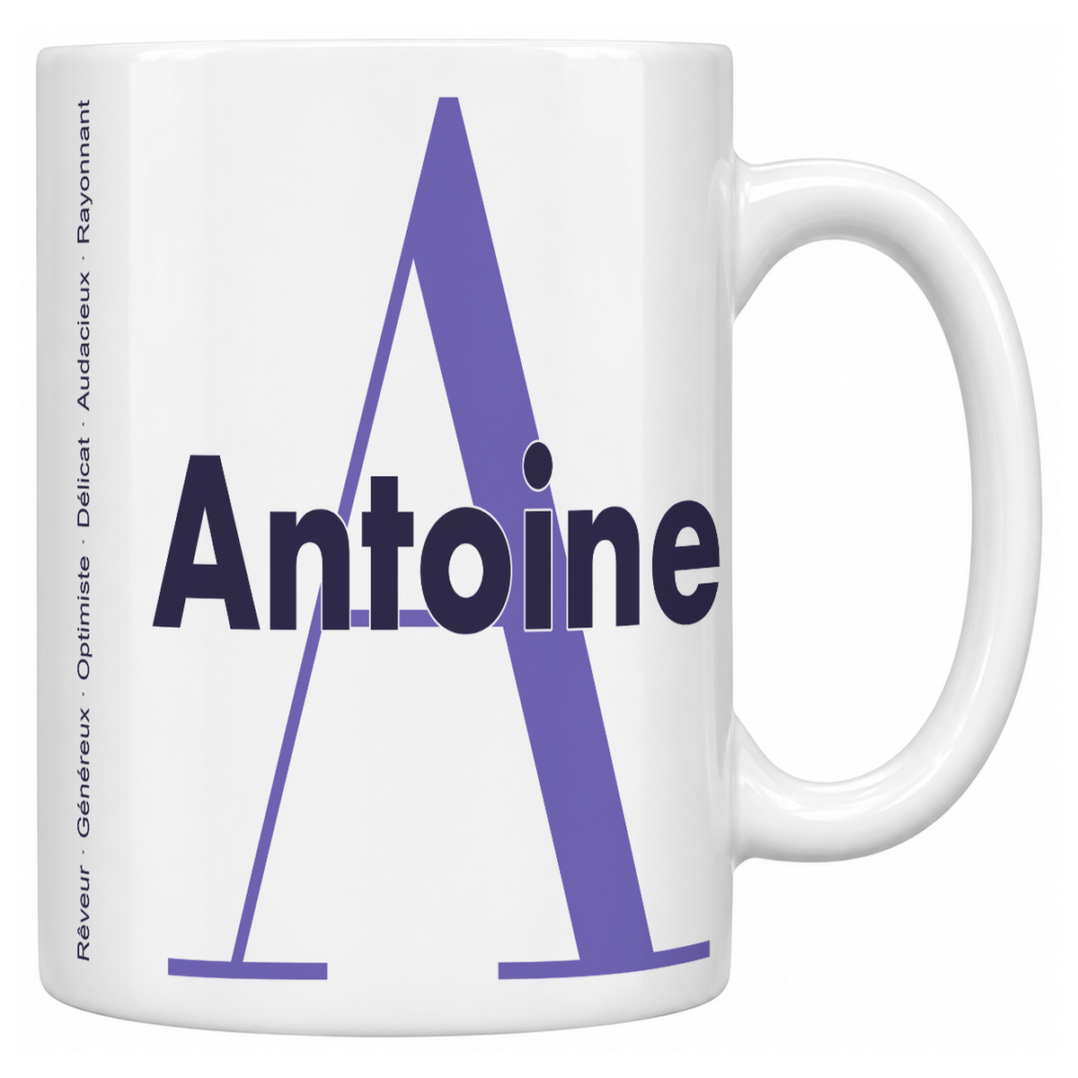 Mug blanc céramique 330 ml prénom Antoine : grande initiale A, prénom Antoine en lettres bold et six qualités verticales sur le côté