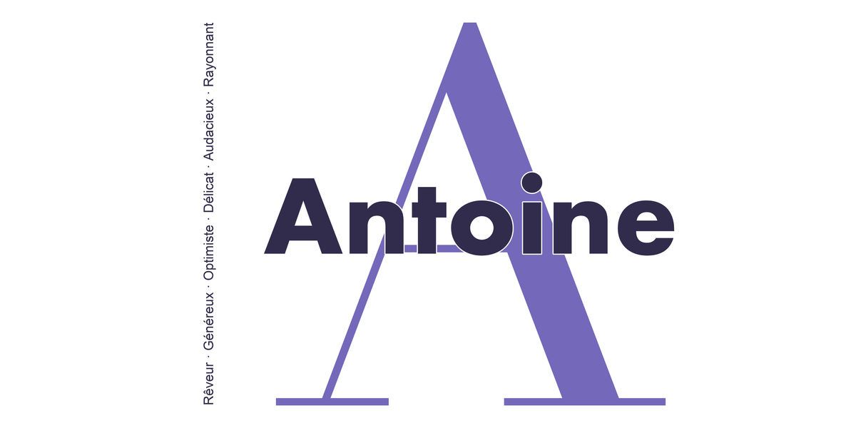 Visuel à plat du mug prénom Antoine : initiale A pleine hauteur, prénom Antoine centré et ligne verticale « Rêveur · Généreux · Optimiste · Délicat · Audacieux · Rayonnant »