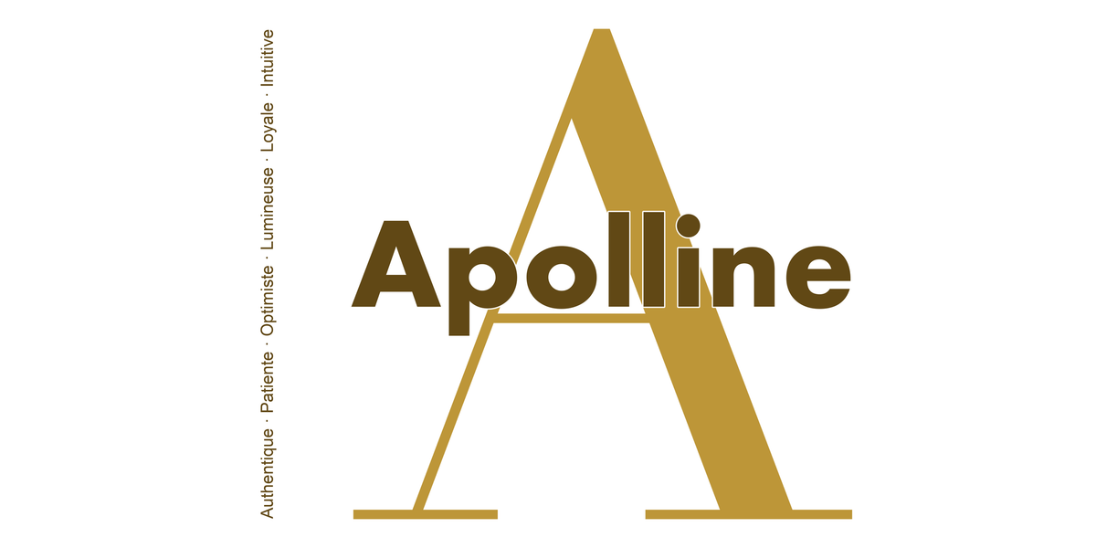 Visuel à plat du mug prénom Apolline : initiale A pleine hauteur, prénom Apolline centré et ligne verticale « Authentique · Patiente · Optimiste · Lumineuse · Loyale · Intuitive »