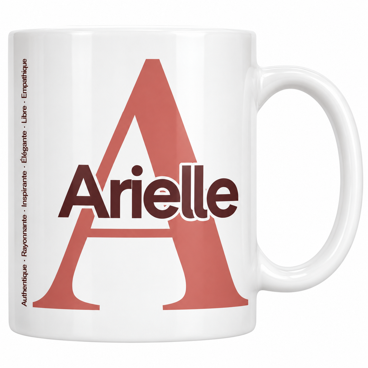 Mug blanc céramique 330 ml prénom Arielle : grande initiale A, prénom Arielle en lettres bold et six qualités verticales sur le côté