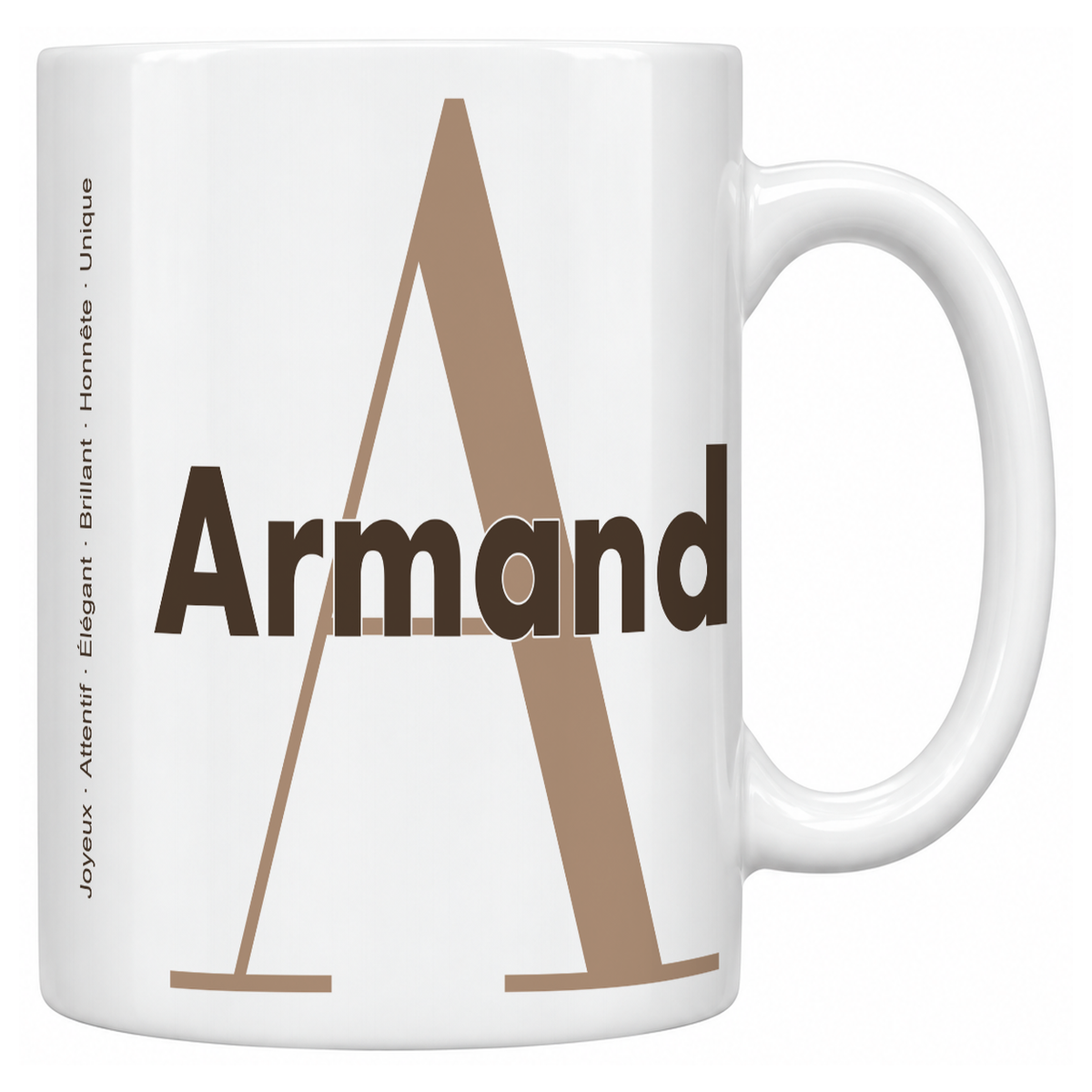 Mug blanc céramique 330 ml prénom Armand : grande initiale A, prénom Armand en lettres bold et six qualités verticales sur le côté
