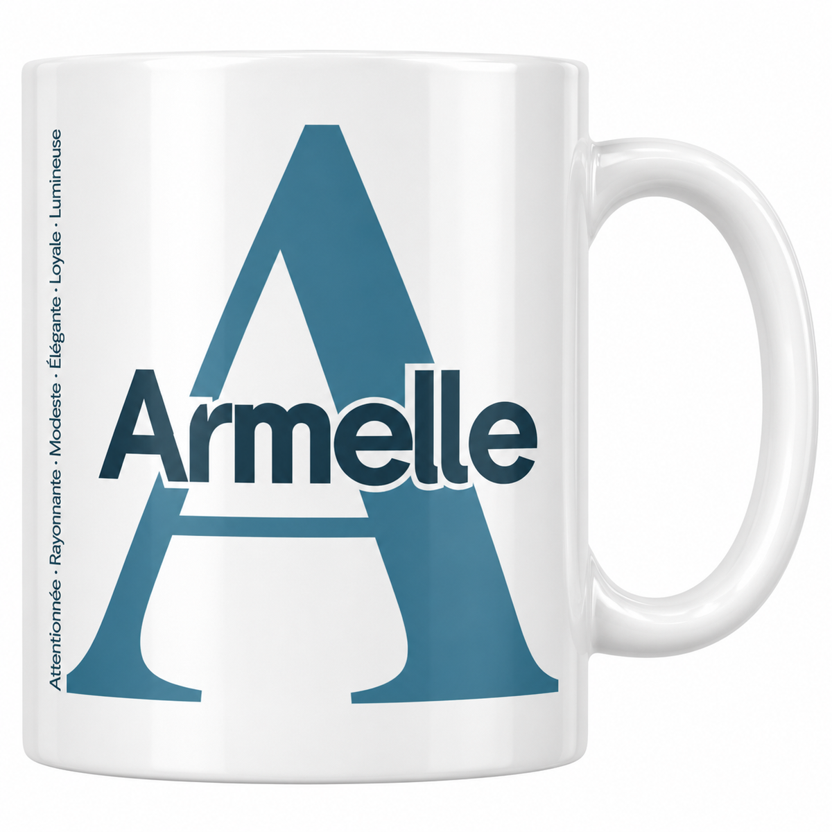 Mug blanc céramique 330 ml prénom Armelle : grande initiale A, prénom Armelle en lettres bold et six qualités verticales sur le côté