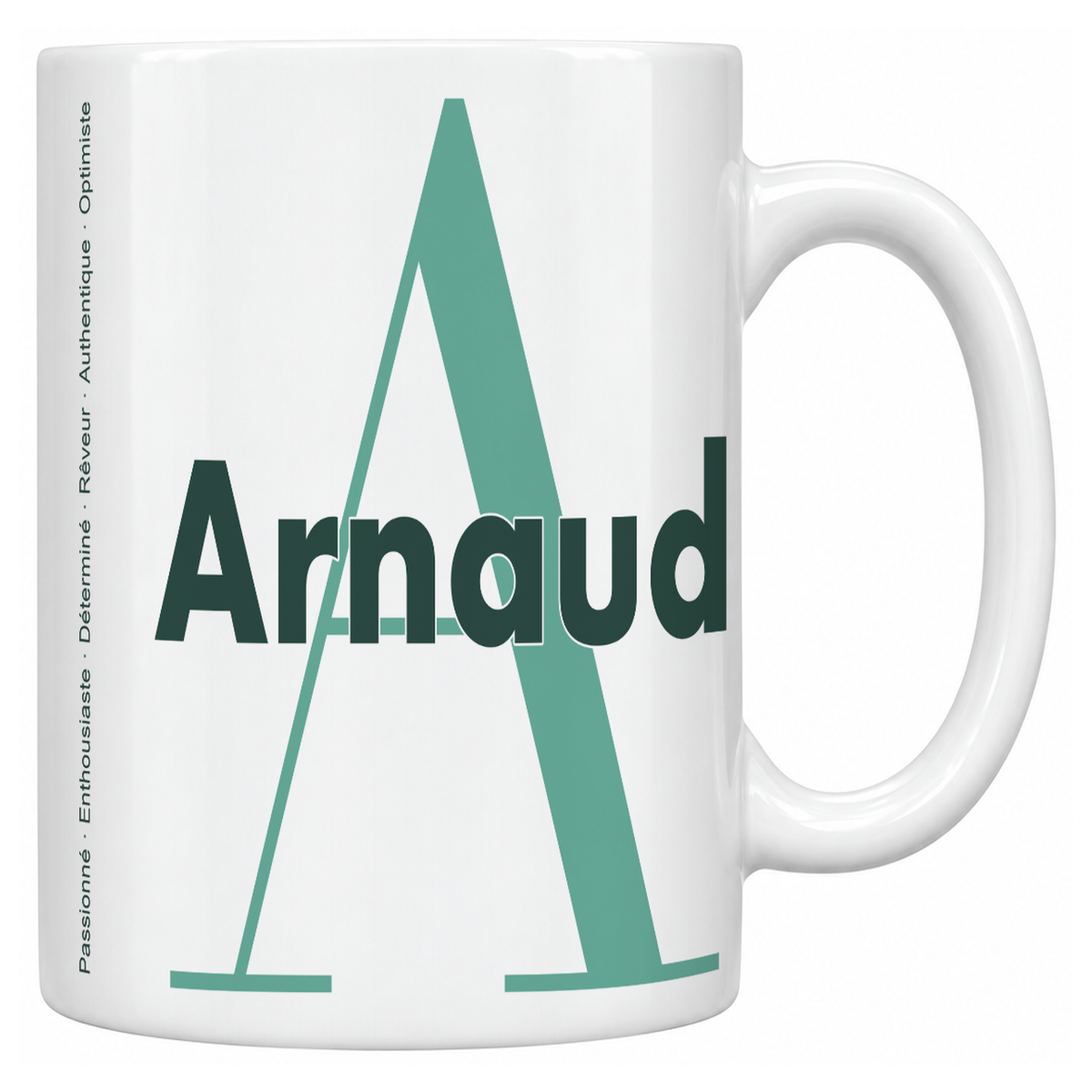 Mug blanc céramique 330 ml prénom Arnaud : grande initiale A, prénom Arnaud en lettres bold et six qualités verticales sur le côté