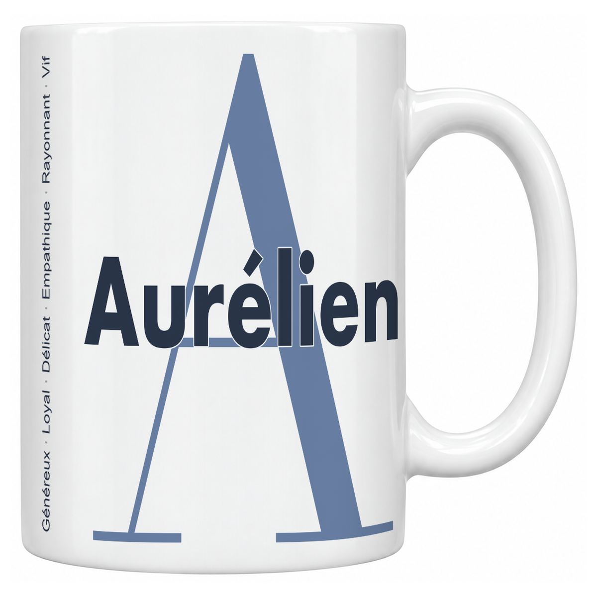 Mug blanc céramique 330 ml prénom Aurélien : grande initiale A, prénom Aurélien en lettres bold et six qualités verticales sur le côté