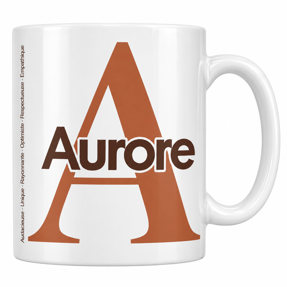 Mug blanc céramique 330 ml prénom Aurore : grande initiale A, prénom Aurore en lettres bold et six qualités verticales sur le côté