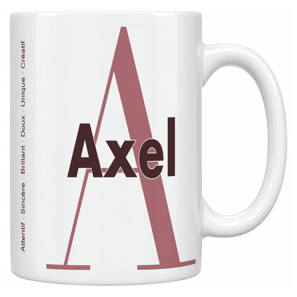 Mug blanc céramique 330 ml prénom Axel : grande initiale A, prénom Axel en lettres bold et six qualités verticales sur le côté