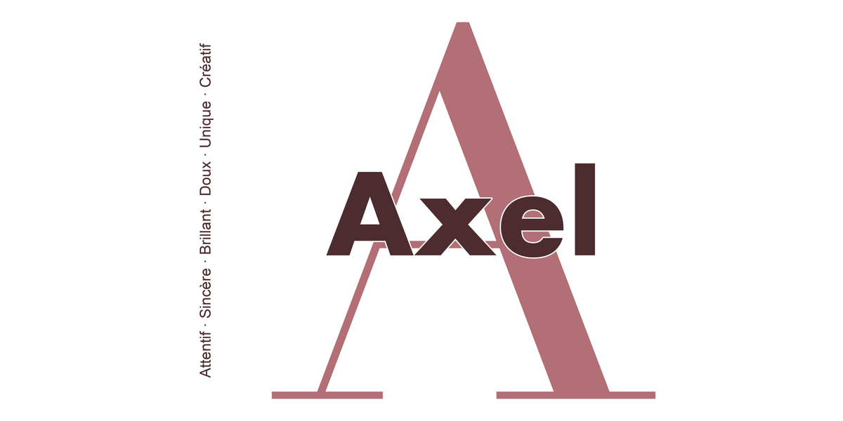 Visuel à plat du mug prénom Axel : initiale A pleine hauteur, prénom Axel centré et ligne verticale « Attentif · Sincère · Brillant · Doux · Unique · Créatif »