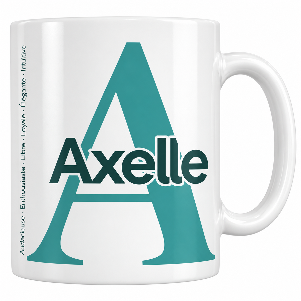 Mug blanc céramique 330 ml prénom Axelle : grande initiale A, prénom Axelle en lettres bold et six qualités verticales sur le côté