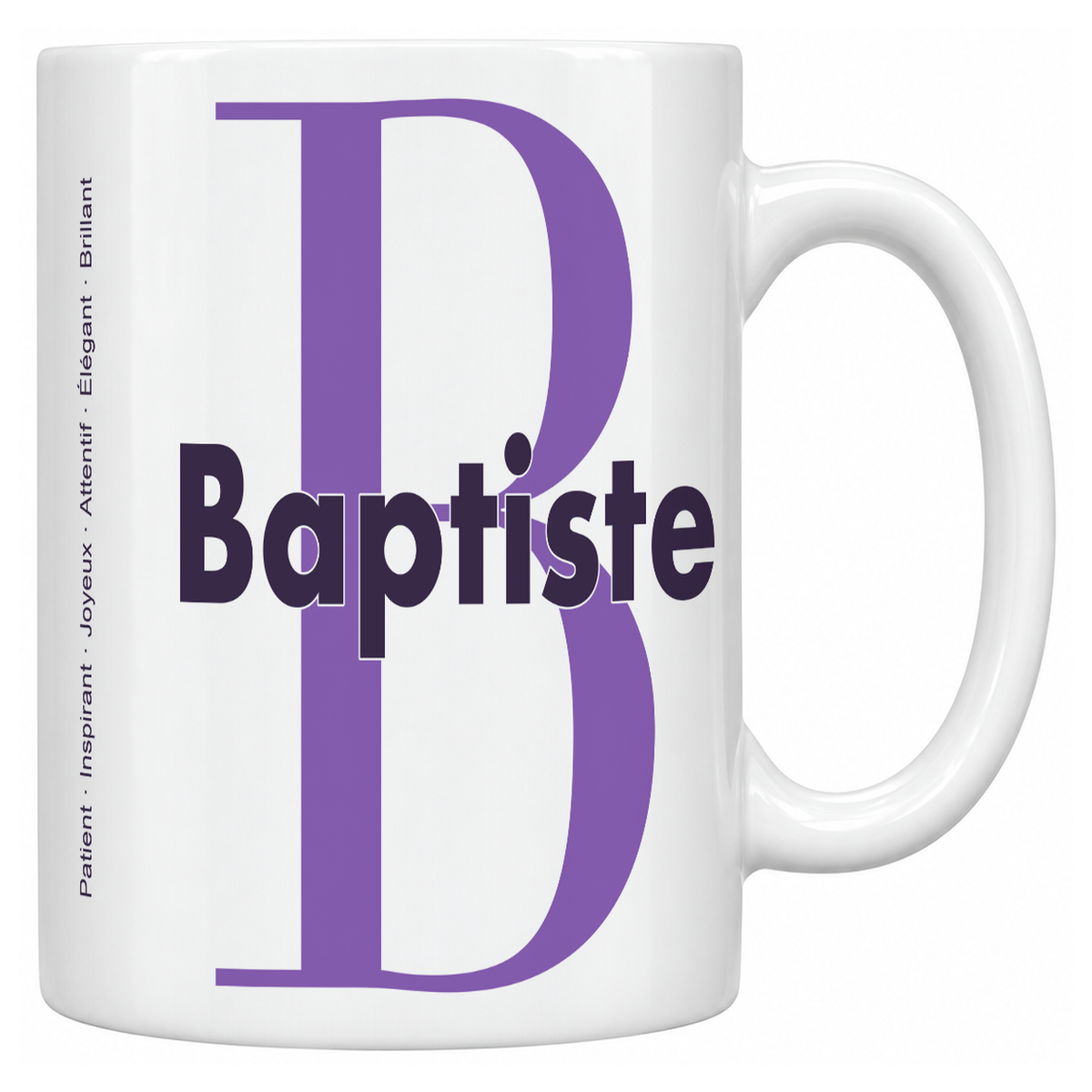 Mug blanc céramique 330 ml prénom Baptiste : grande initiale B, prénom Baptiste en lettres bold et six qualités verticales sur le côté