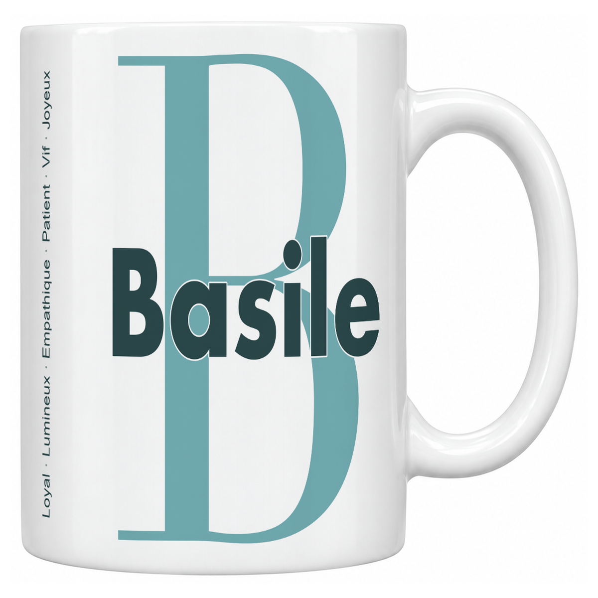 Mug blanc céramique 330 ml prénom Basile : grande initiale B, prénom Basile en lettres bold et six qualités verticales sur le côté