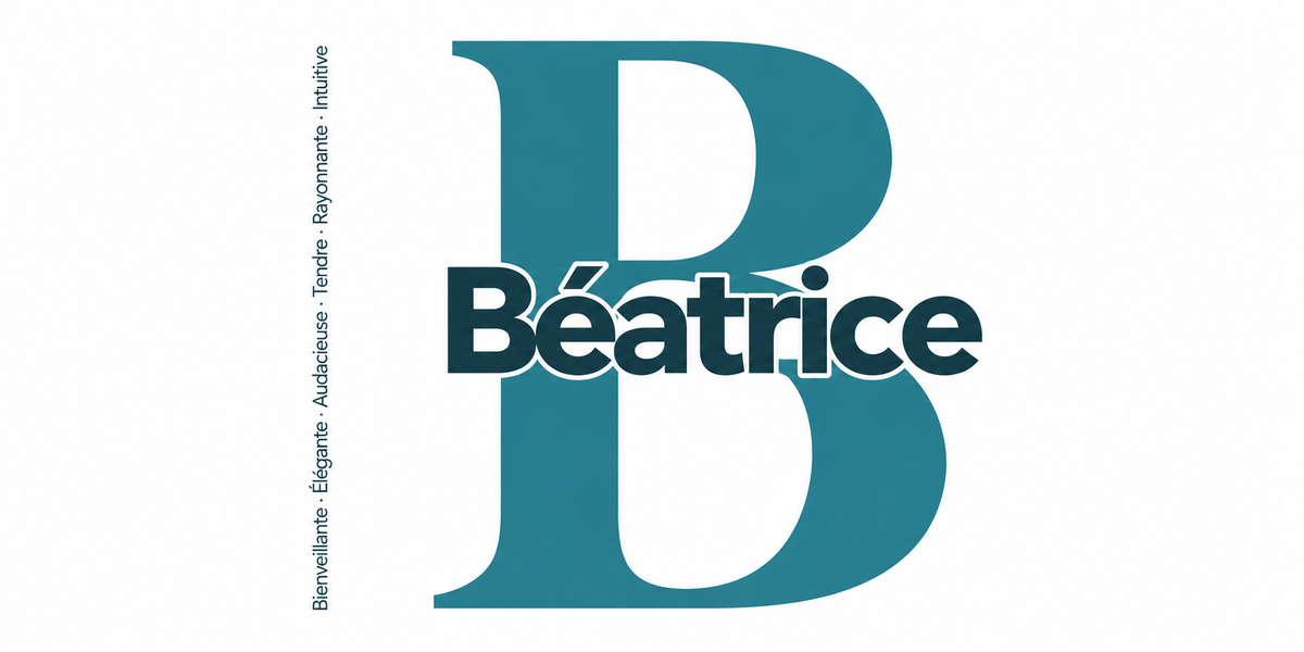 Visuel à plat du mug prénom Béatrice : initiale B pleine hauteur, prénom Béatrice centré et ligne verticale « Bienveillante · Élégante · Audacieuse · Tendre · Rayonnante · Intuitive »