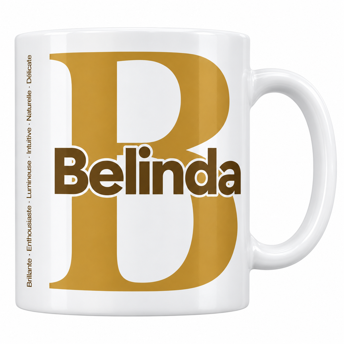 Mug blanc céramique 330 ml prénom Belinda : grande initiale B, prénom Belinda en lettres bold et six qualités verticales sur le côté