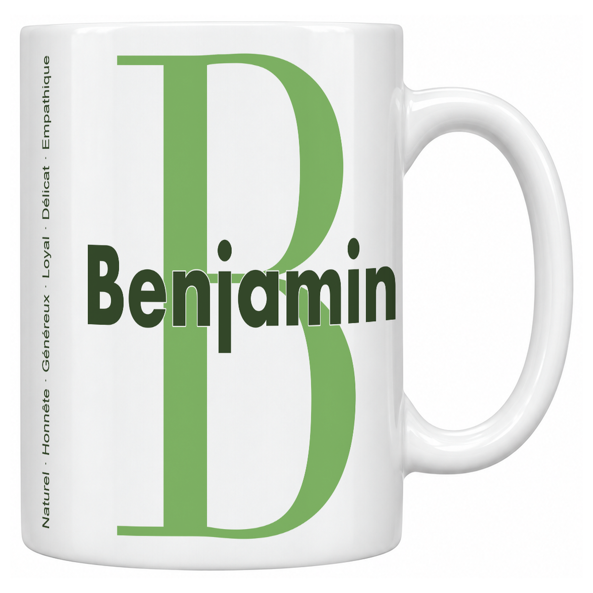 Mug blanc céramique 330 ml prénom Benjamin : grande initiale B, prénom Benjamin en lettres bold et six qualités verticales sur le côté