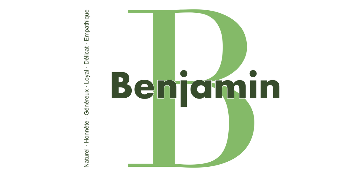 Visuel à plat du mug prénom Benjamin : initiale B pleine hauteur, prénom Benjamin centré et ligne verticale « Naturel · Honnête · Généreux · Loyal · Délicat · Empathique »