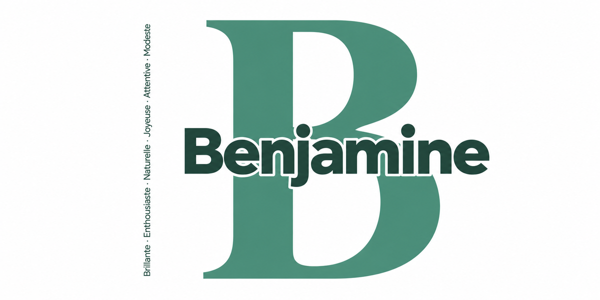 Visuel à plat du mug prénom Benjamine : initiale B pleine hauteur, prénom Benjamine centré et ligne verticale « Brillante · Enthousiaste · Naturelle · Joyeuse · Attentive · Modeste »