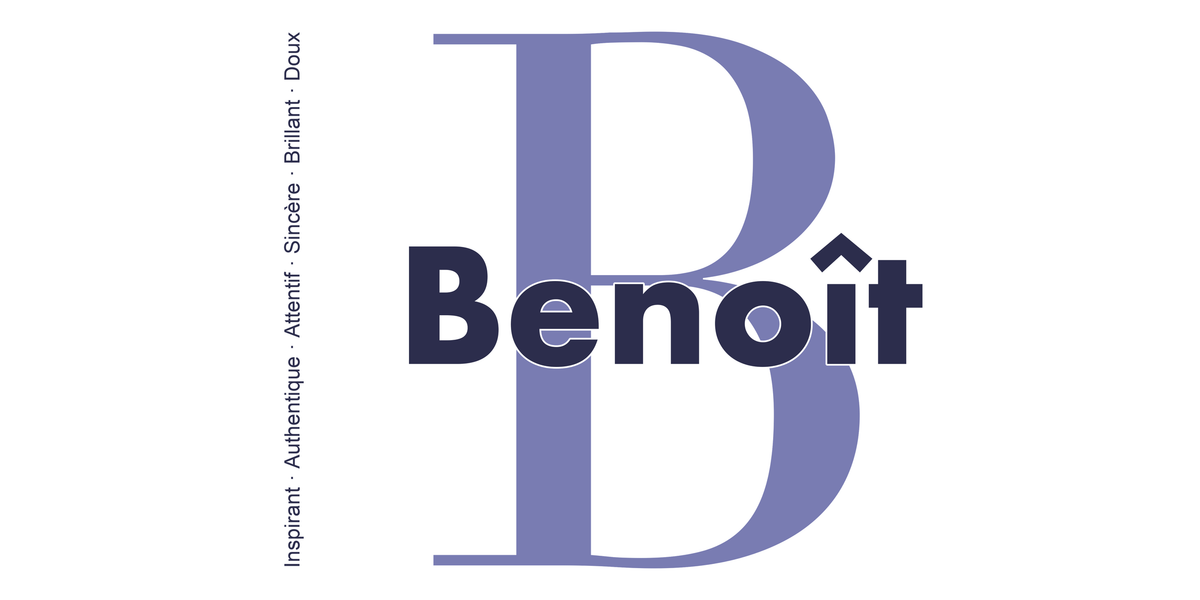 Visuel à plat du mug prénom Benoît : initiale B pleine hauteur, prénom Benoît centré et ligne verticale « Inspirant · Authentique · Attentif · Sincère · Brillant · Doux »