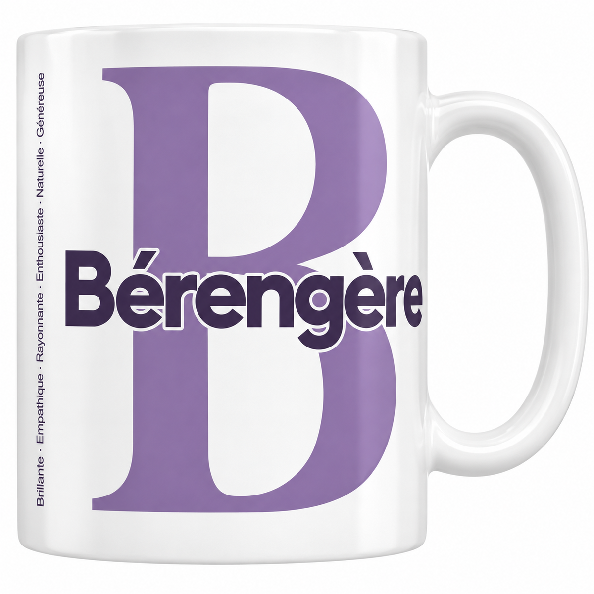 Mug blanc céramique 330 ml prénom Bérengère : grande initiale B, prénom Bérengère en lettres bold et six qualités verticales sur le côté