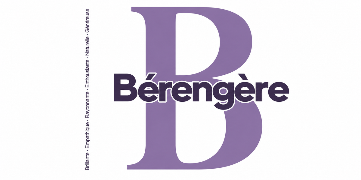 Visuel à plat du mug prénom Bérengère : initiale B pleine hauteur, prénom Bérengère centré et ligne verticale « Brillante · Empathique · Rayonnante · Enthousiaste · Naturelle · Généreuse »