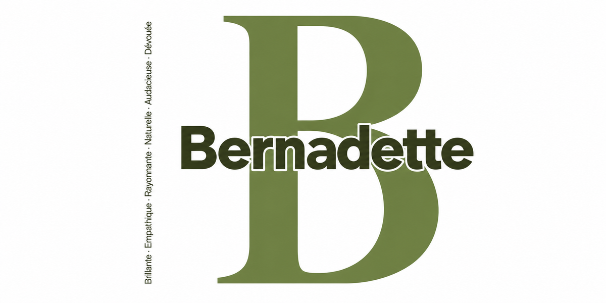 Visuel à plat du mug prénom Bernadette : initiale B pleine hauteur, prénom Bernadette centré et ligne verticale « Brillante · Empathique · Rayonnante · Naturelle · Audacieuse · Dévouée »