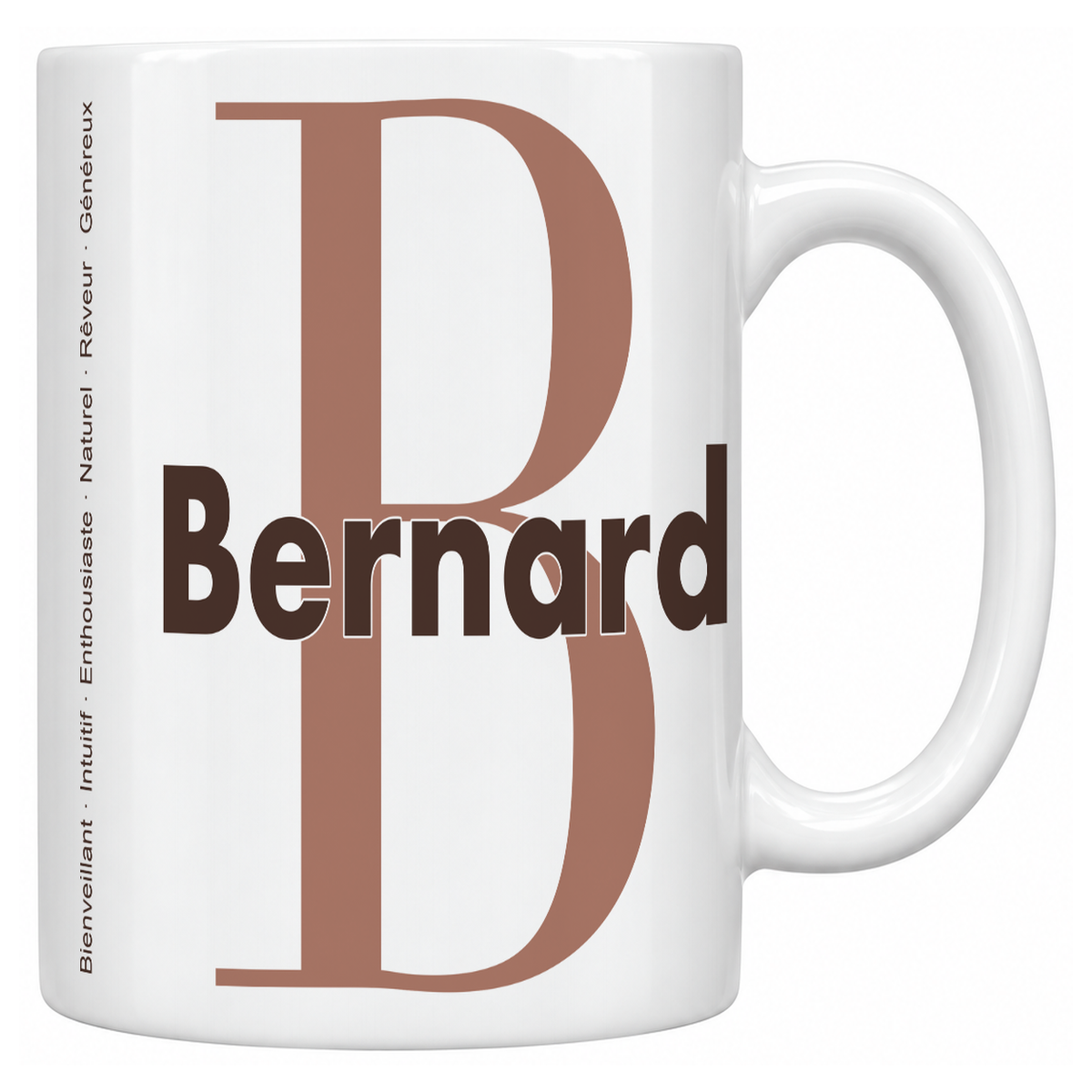 Mug blanc céramique 330 ml prénom Bernard : grande initiale B, prénom Bernard en lettres bold et six qualités verticales sur le côté