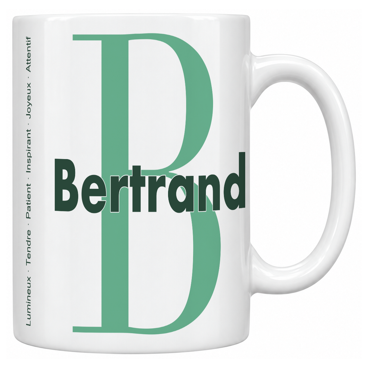 Mug blanc céramique 330 ml prénom Bertrand : grande initiale B, prénom Bertrand en lettres bold et six qualités verticales sur le côté