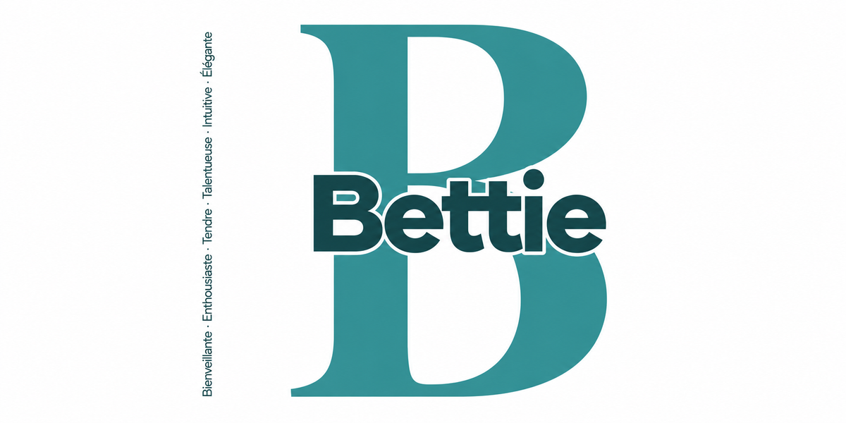 Visuel à plat du mug prénom Bettie : initiale B pleine hauteur, prénom Bettie centré et ligne verticale « Bienveillante · Enthousiaste · Tendre · Talentueuse · Intuitive · Élégante »