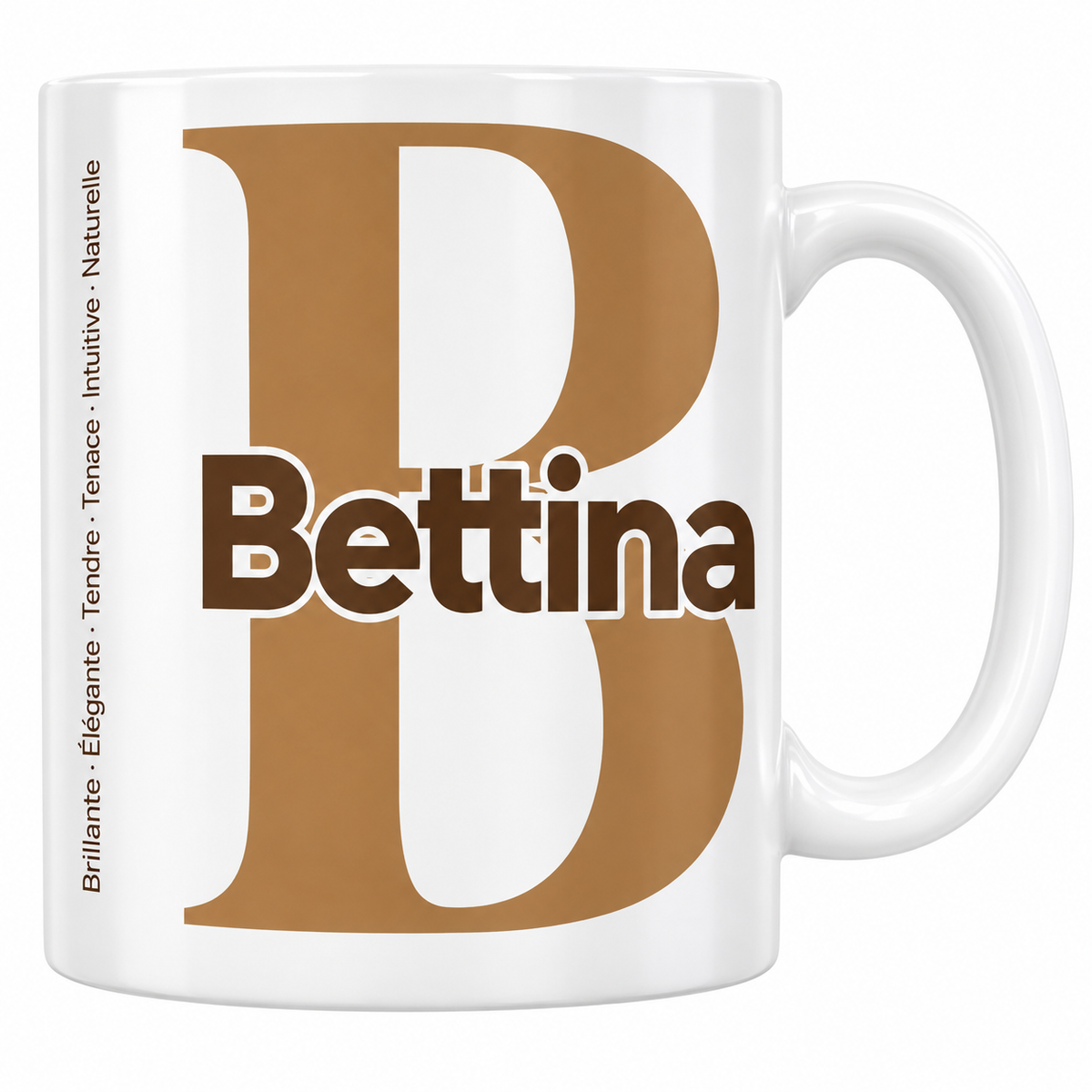 Mug blanc céramique 330 ml prénom Bettina : grande initiale B, prénom Bettina en lettres bold et six qualités verticales sur le côté