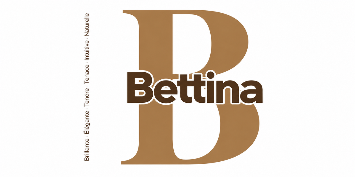 Visuel à plat du mug prénom Bettina : initiale B pleine hauteur, prénom Bettina centré et ligne verticale « Brillante · Élégante · Tendre · Tenace · Intuitive · Naturelle »